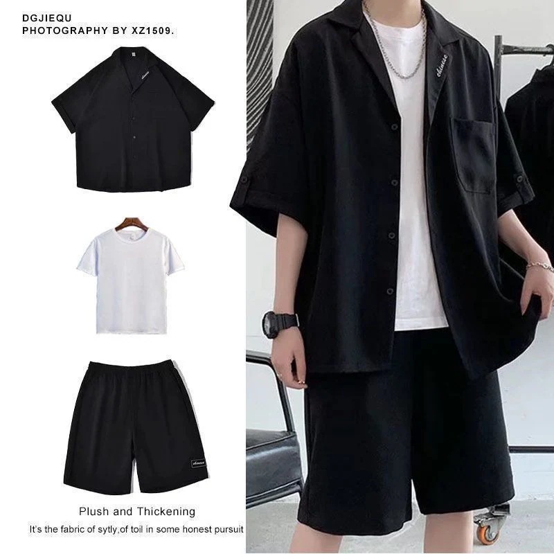感ストリート スーツスーツ メンズ ファッションかっこいい カジュアルシャツ+Tシャツ+クロップドパンツ