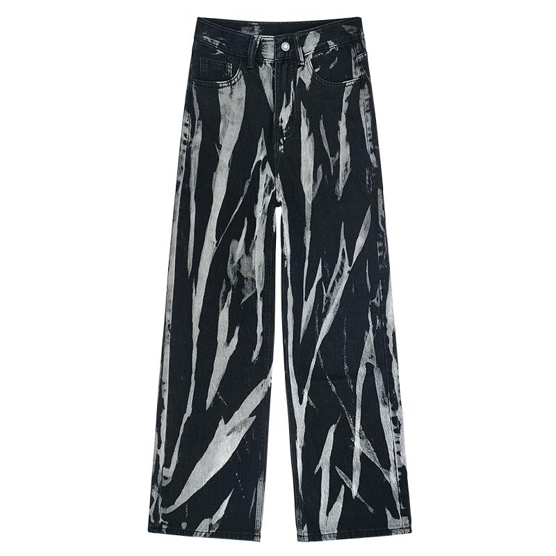 デニムパンツ レディース ボトムス タイダイ ジーンズ ストレート 春秋 ストリート ワイド ブラック