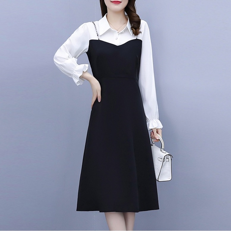 レディース ワンピース レイヤード風 シャツ キャミワンピ 重ね着風 ひざ丈 ミディアム ドレス 襟付き 長袖 ボリュームスリーブ フリル ハイウエスト スリム 黒 ブラック 大人可愛い