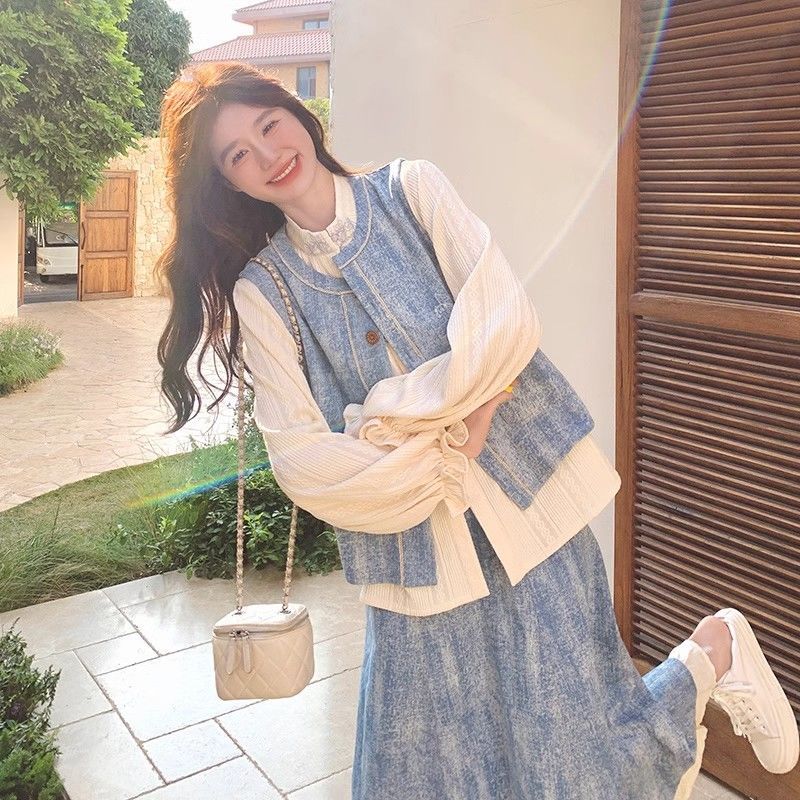 レディース SS25新作 ジャカードデニム3点セット デニムベスト＆シャツ＆スカート 韓国系 セットアップ セットアップ スウェット セットアップ レディース セットアップ 韓国 セットアップ レディ 5,902円