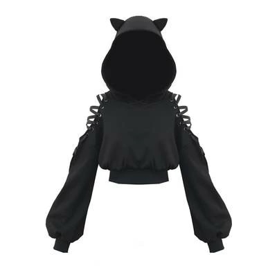 猫耳 パーカー レディース 黒 肩だし 可愛い 長袖 無地 コスプレ バンギャ ライブハウス フェス イベント ハロウィン ショート丈 ボリューム袖 レースアップ 春 秋 冬 カジュアル ラブ 大人可