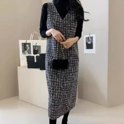 女性用スパンコール付きツイードドレス,膝上,Vネック,ロング,フォーマルウェア,カジュアルデザイン,1ピース,新品 - AliExpress 200000345