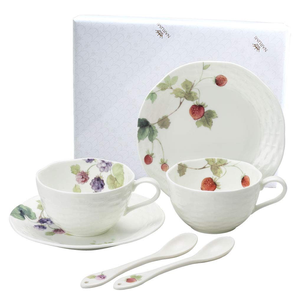 NARUMI(ナルミ) カップ ソーサー セット ルーシーガーデン 210cc ベリー柄 2柄セット かわいい おしゃれ レリーフ 結婚祝い 母の日 プレゼント 6ピース入り スプーン付 ティー コー
