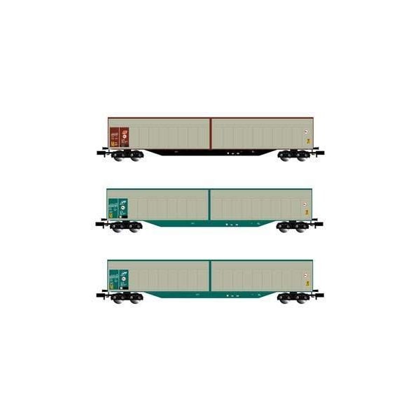 ARNOLD HN6415 FS， 3-Unit Set 4-Axle Sliding-Wall Wagons Habills， Silver/Brown Resp. Silver/Green Liv