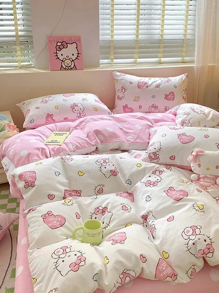 おやすみ猫コットン4点セットキュートコットンシーツとフィット寝具の3点セット