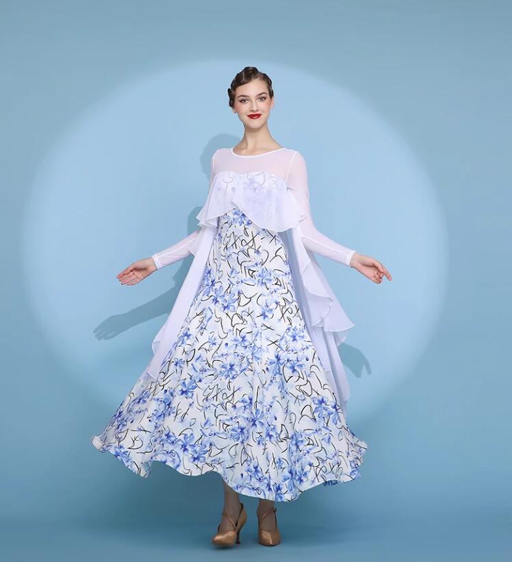 モダンドレス 社交ダンス衣装 ダンス発表会 大きい裾 豪華な社交ダンスドレス 競技着 練習着 演出用 団体演出服 スタンダードドレス ワルツダンス ダンス衣装 インターナショナルダンス S M L X