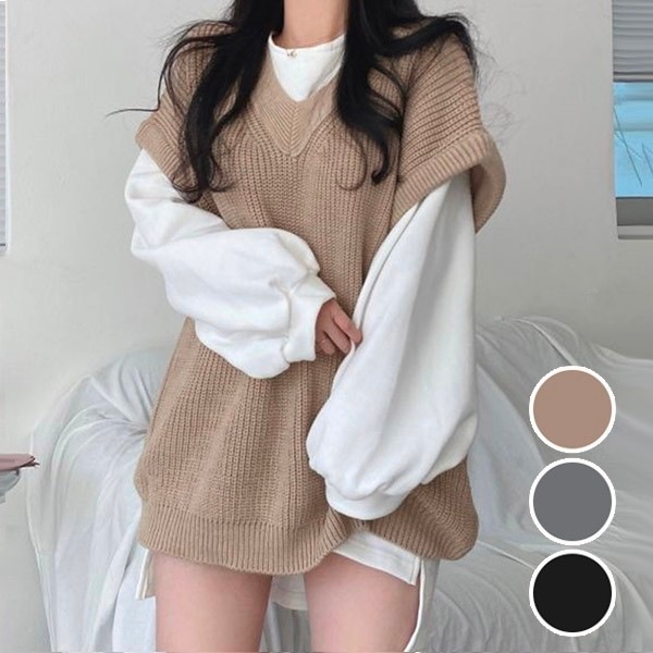 ニットベスト レディース トップス オーバーサイズ ビッグシルエット Vネック ニット ベスト レイヤード 春 秋 ゆったり かわいい ゆるかわ カジュアル ノースリーブ セーター 韓国風 eh004