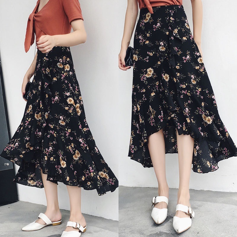 人気急上昇】 花柄シフォンスカート（ブラック）2019 3167.ミモレ丈 春夏 通勤通学 普段使い お出かけ その他 スカート サイズ:M -  aegis.qa