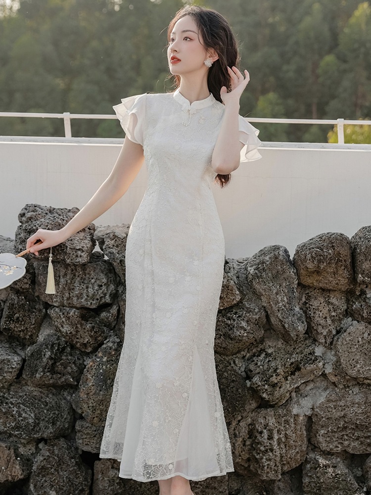 Menglihua 改良重工業刺繍チャイナフィッシュテール婚約ウェディングドレスOB91