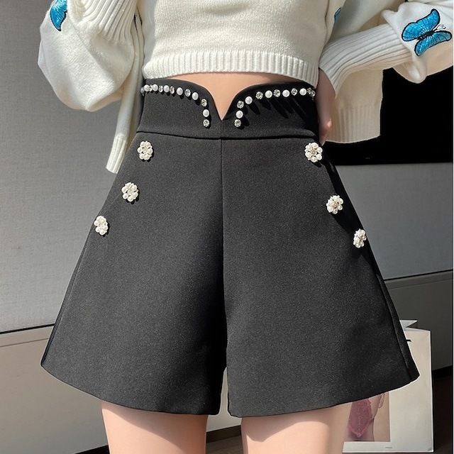 レディース キラキラ パール ボトムス ショートパンツ 台形 ブラック 大人可愛い 高見え