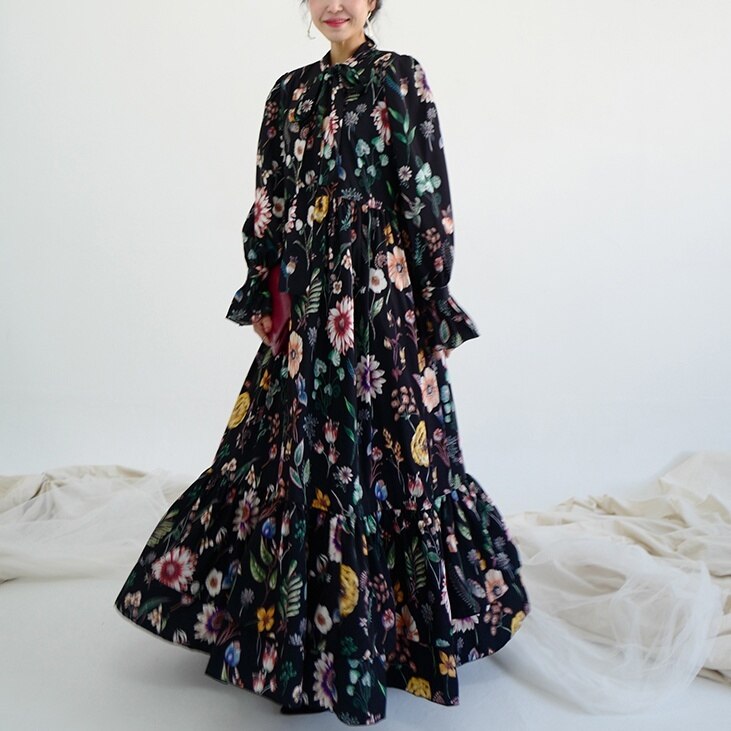 ワンピース レディース ロングワンピース きれいめ レディース 長袖 ロング丈 ロング マキシ丈 マキシ丈ワンピース 花柄 上品 かわいい おしゃれ 大人可愛い ゆったり 大きいサイズ 体型カバー 黒