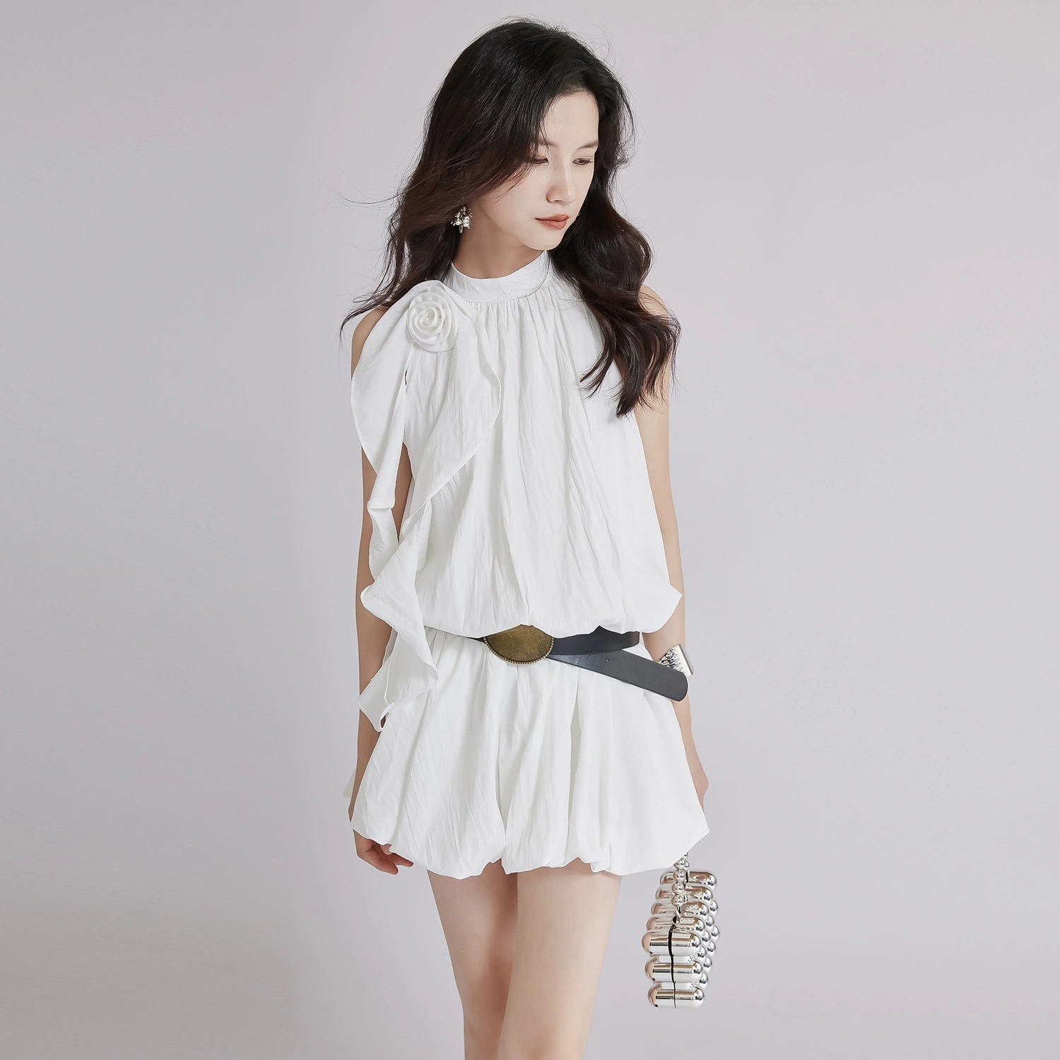 袖なしワンピース 修身ラッフルミニ 可愛い若見えバルーンヘム 5,415円