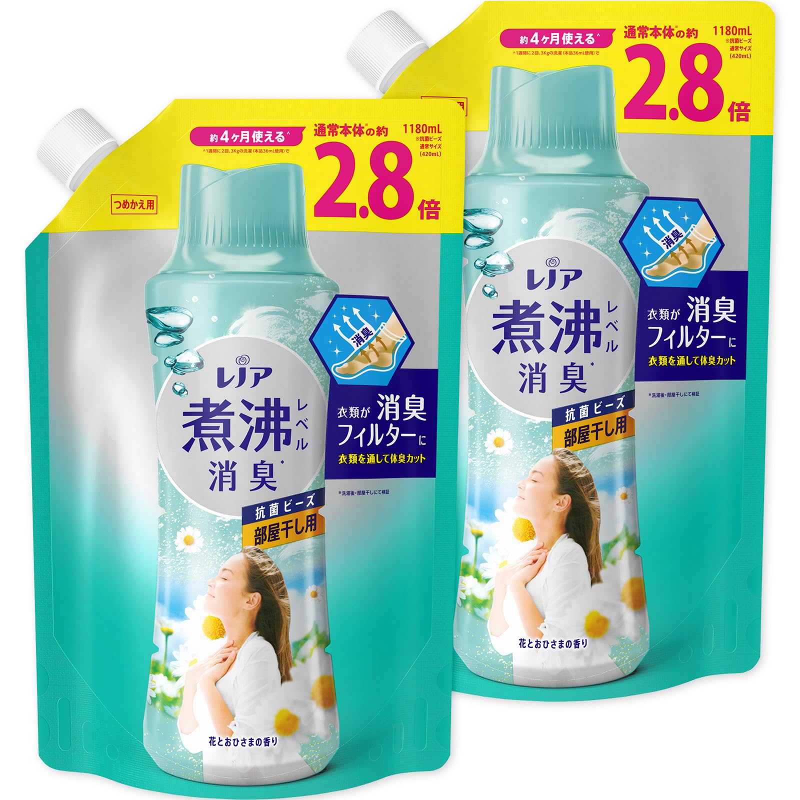 レノア 超消臭 煮沸レベル消臭 抗菌ビーズ 部屋干し 花とおひさまの香り 詰め替え 1,180mL×2袋【まとめ買い】