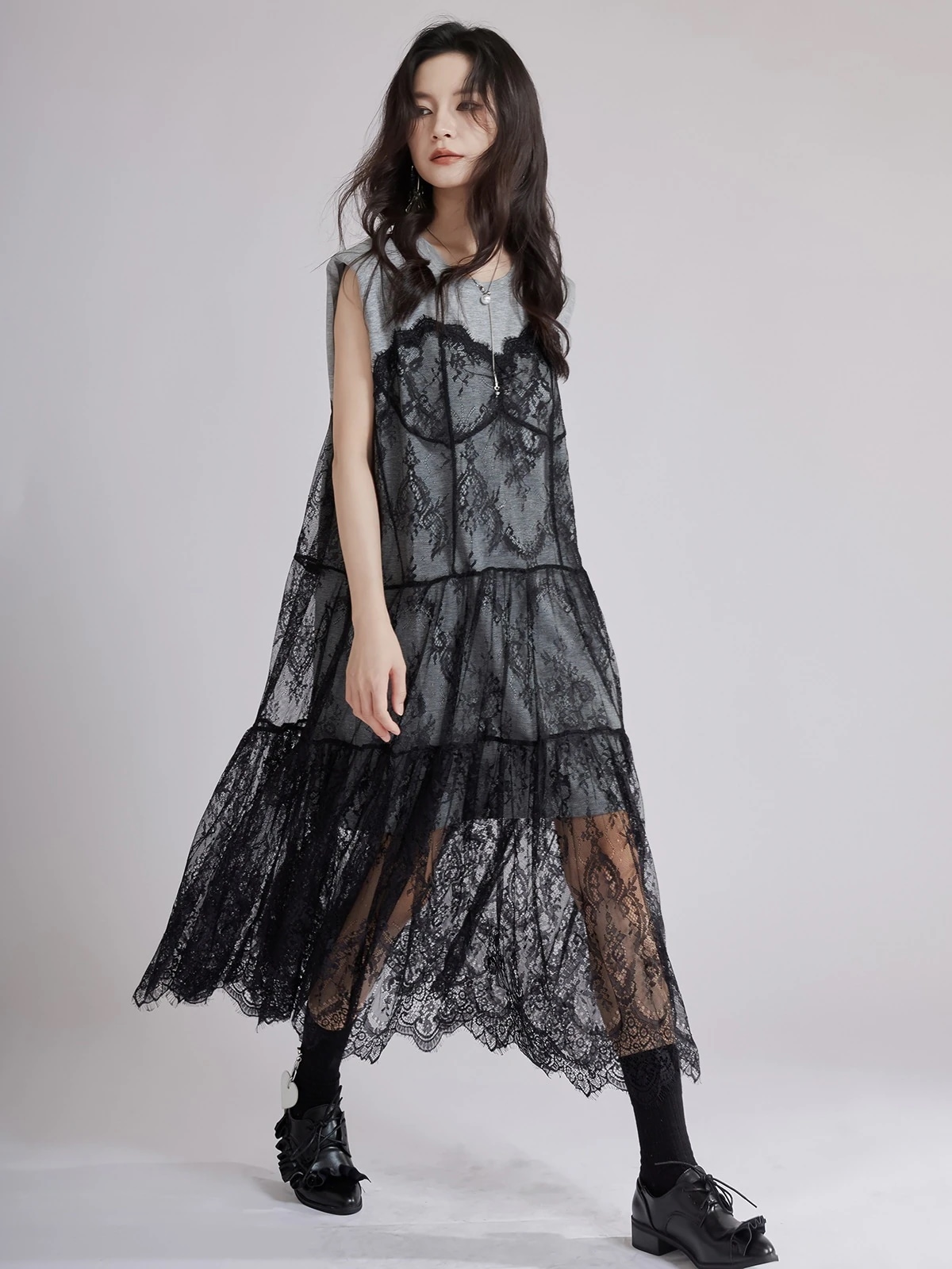 夏新作 レースメッシュ切り替えワンピース レディース おしゃれ ゆったり 着痩せフェイクツーピース ロングワンピース Tシャツ 体型カバー