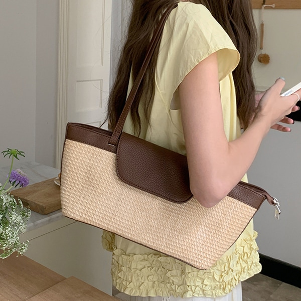 韓国ファッション シンプル 麦わら ラフィア レザー コンビ ショルダーバッグ