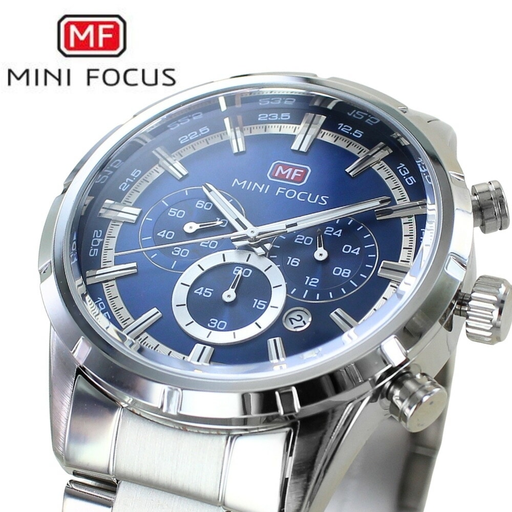 正規品 MINI FOCUS メンズ腕時計 クロノグラフ クォーツ 日付表示 ステンレスバンド かっこいい 腕時計 手表 メンズ 父の日 シルバー ネイビーブルー 高級感 おしゃれ ビジネス カジュア