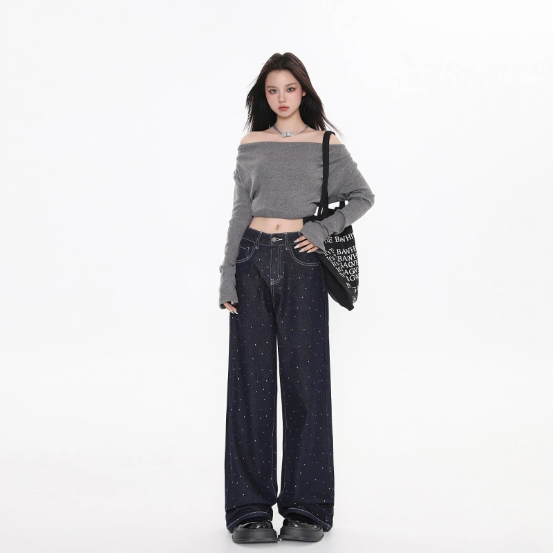 ホットダイヤモンドクラフトドレープワイドレッグジーンズ女性用ハイウエストゆったりスリミングファッショナブルカジュアル万能モップパンツ