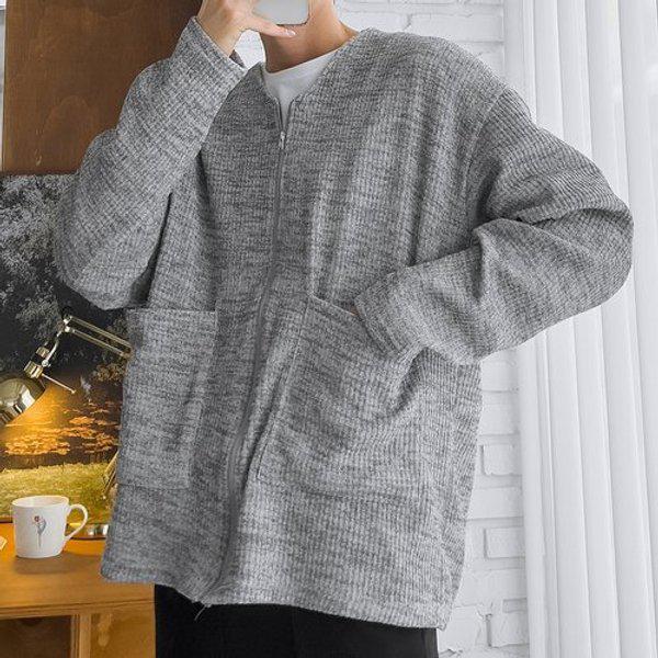 メンズ リブ編み Vネック ジップアップ ニットカーディガン 5C-CA-Q120-メランジ