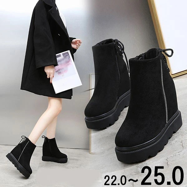 【激安開催！】ブーツ 厚底 ヒール12cm ファスナー ラウンドトゥ ウエッジソール 黒 ショートブーツ 裏起毛 大きいサイズ 美脚 スエード レディース シューズ 靴 20代 30代 40代 ブラッ