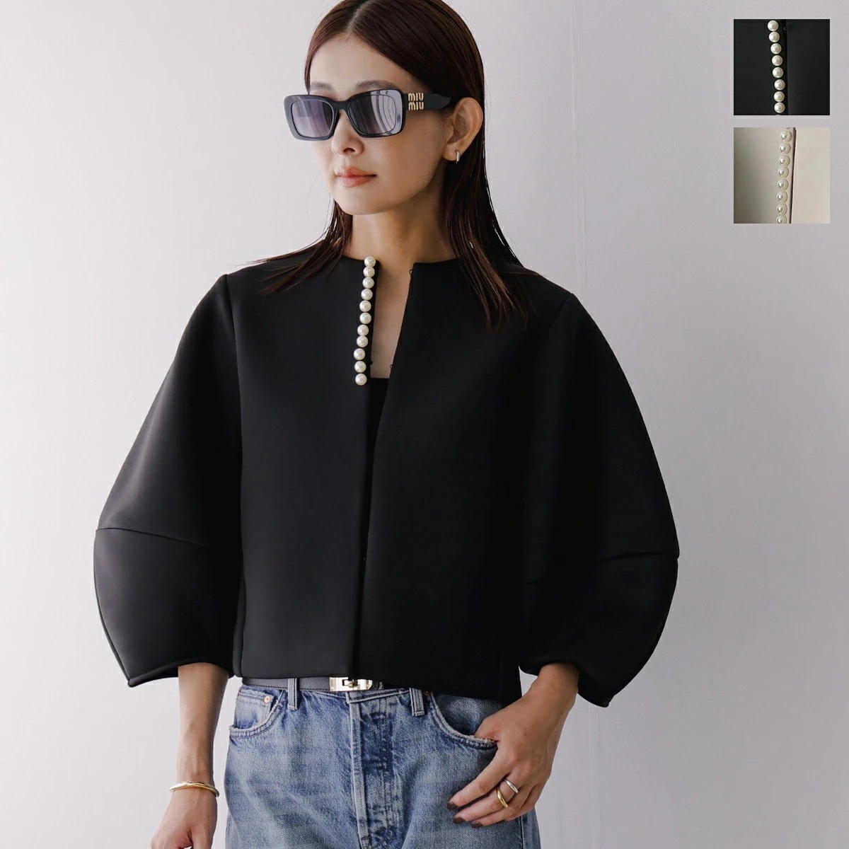 anana アナナ ジャケット a79-027 レディース パール付 ランタンスリーブ ノーカラー ショート丈 カラー2色