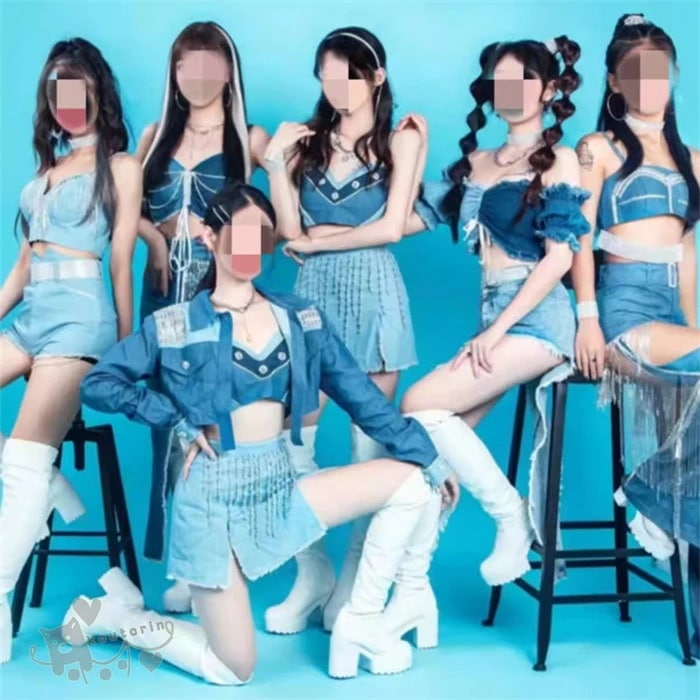 kpop衣装 レディース スパンコール キラキラ 韓国 アイドル衣装 大人 ダンス衣装 KPOP ダンス衣装 へそ出し トップス セットアップ ヒップポップ ジャズ ダンス衣装 デニム へそ出し スカ