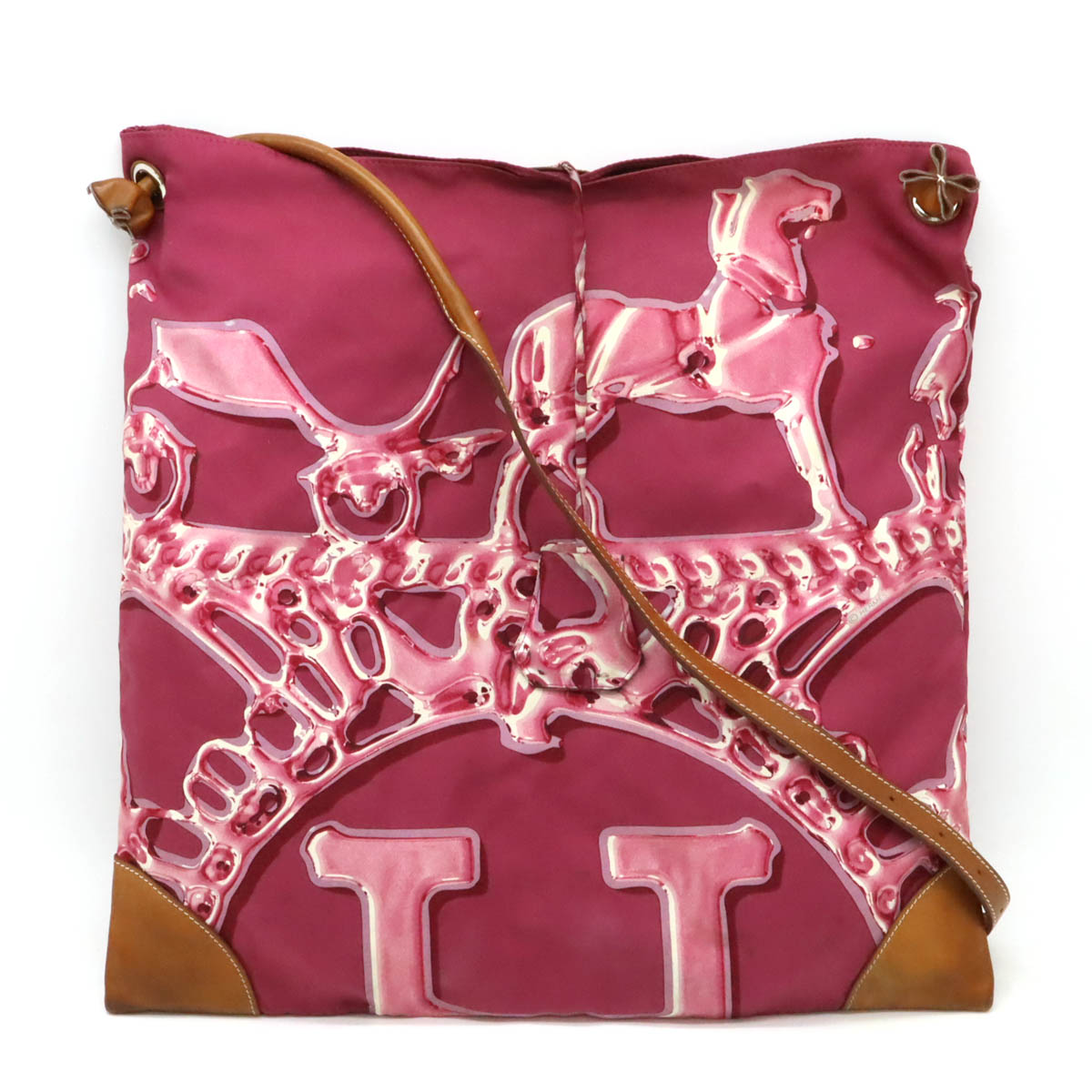 シルキーシティMM ショルダーバッグ シルク レザー ピンクパープル系 ブラウン ポーチ欠品 O刻