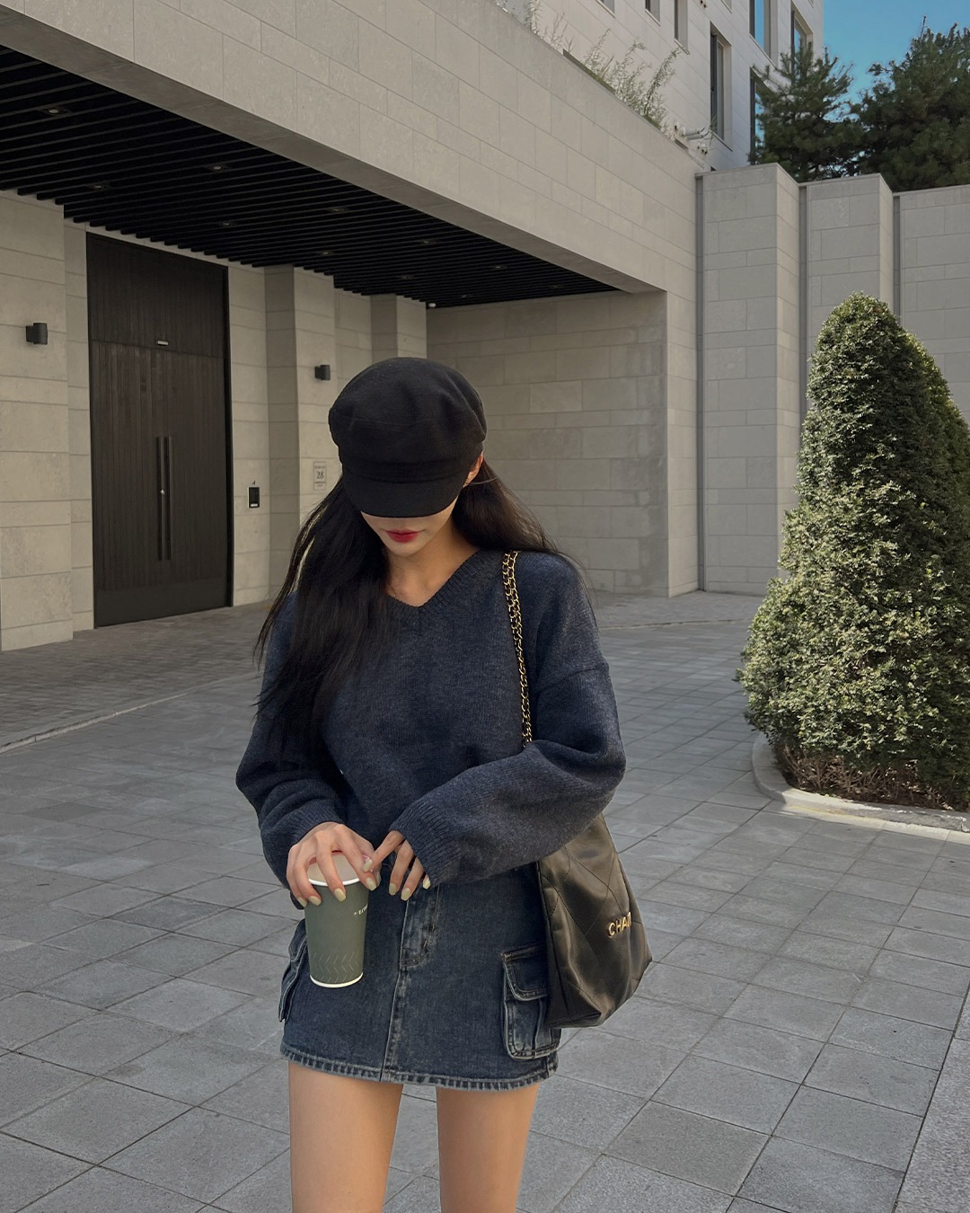 Vネックドロップドショルダーウールニット韓国ファッション レディース