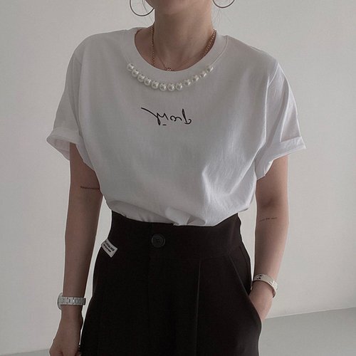 tシャツ Tシャツ 半袖シャツ トップス レディース 2023夏新作 ラウンドネック 気質 パール 1# 4286