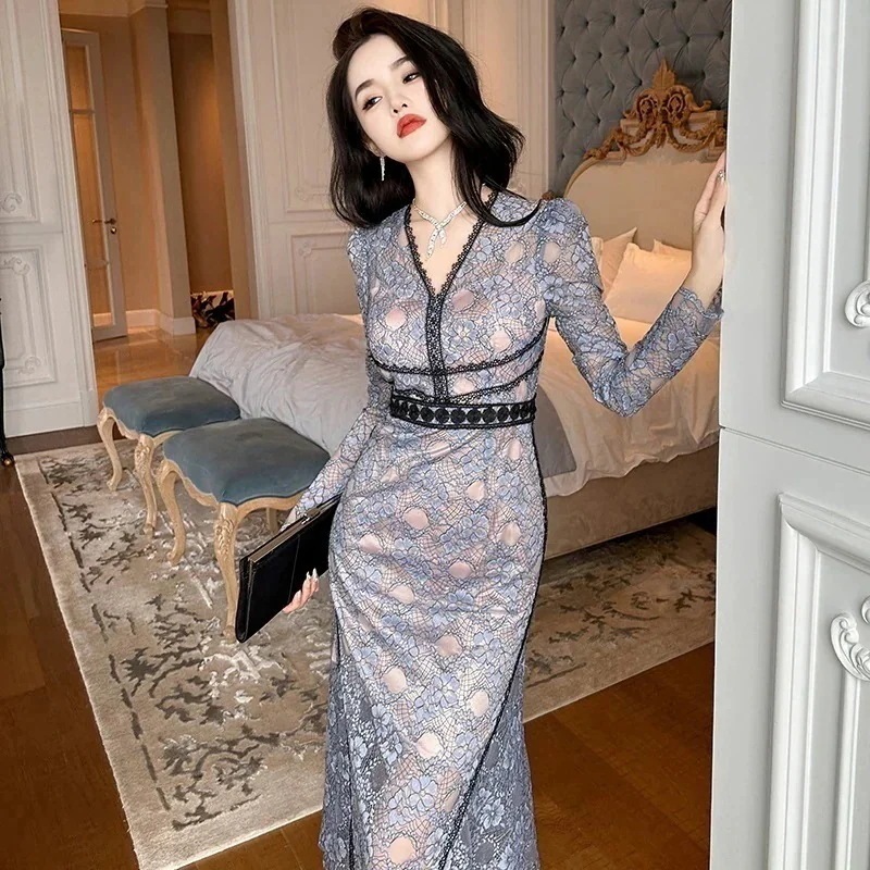 【JY.上品】 秋冬 Vネック レース マーメイド ロングワンピース 花柄 パーティードレス キャバ 着痩せ 大人 同窓会 披露宴 卒業式 結婚式 演奏会 ウェディング 二次会 発表会