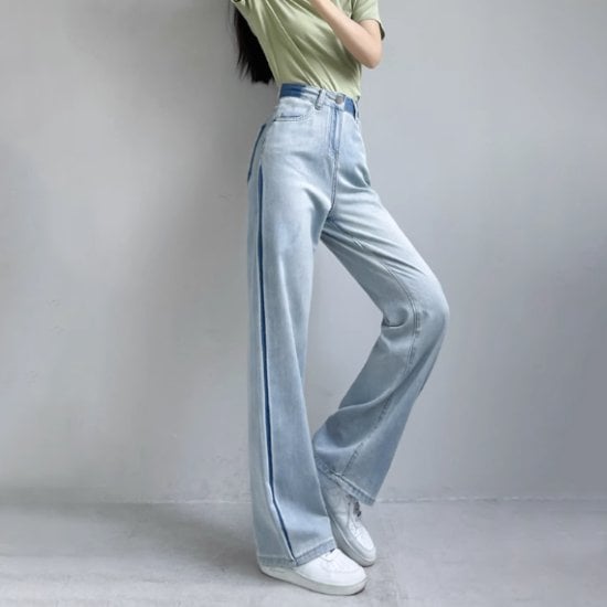 デニムパンツ レディース ボトムス パンツ 長ズボン ジーパン ロングパンツ ワイドパンツ ハイウエスト シンプル 無地 配色デザイン カジュアル お出かけ おしゃれ ファッション デニム ジッパー