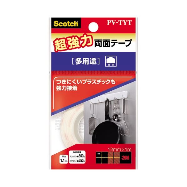 (まとめ) 3M スコッチ 超強力両面テープ 多用途12mm×1m ホワイト PV-TYT 1巻 (×20セット)