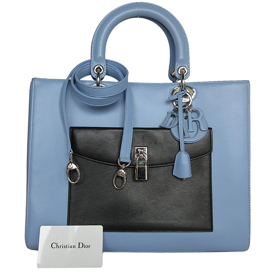 クリスチャンディオール Christian Dior ハンドバッグ ショルダーバッグ ディオリッシモ レザー ライトブルー×ブラック×ホワイト レディース k0007