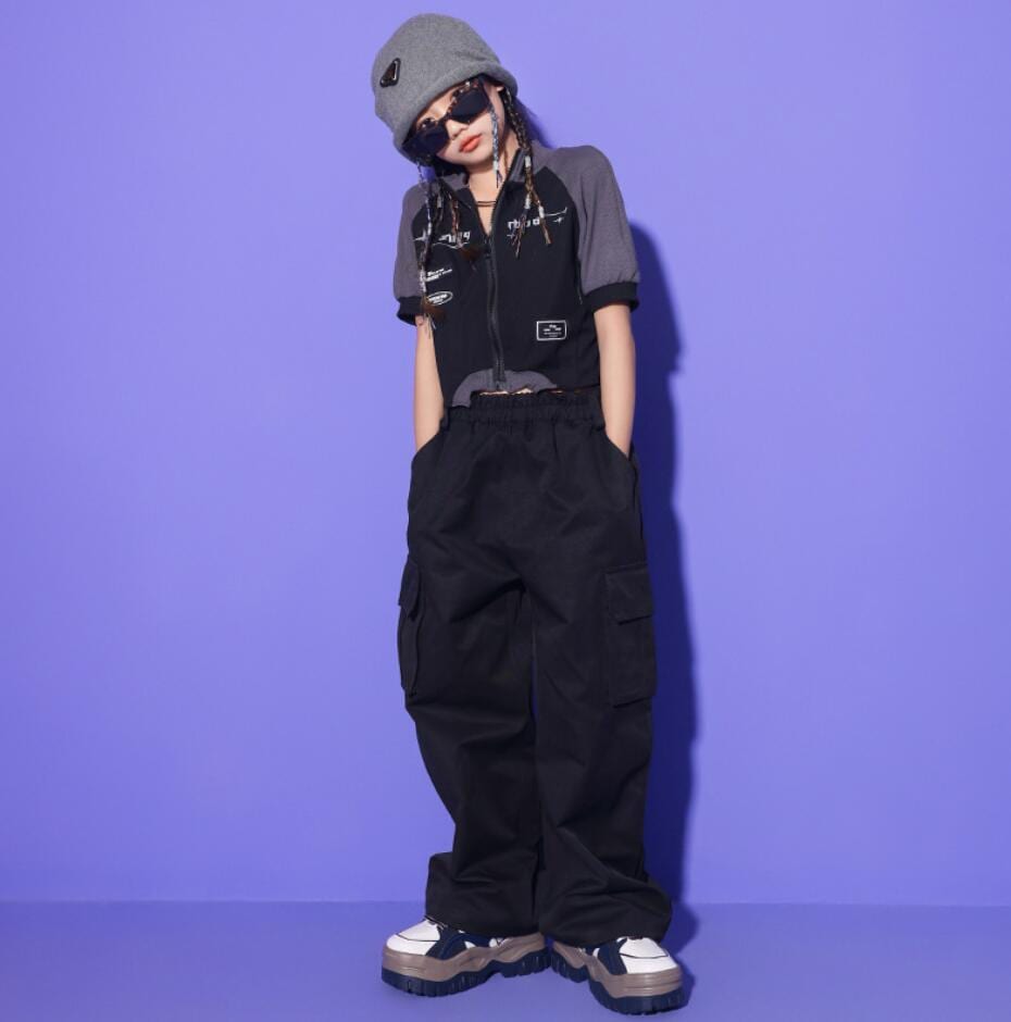 ヒップホップ キッズジャズ ステージ舞台演出服 練習着 長ズボン 上下セット 2点セット jazz 発表会 hiphop 女の子 応援団 半袖Ｔシャツトップス パンツ キッズダンス衣装 子供服 レッス