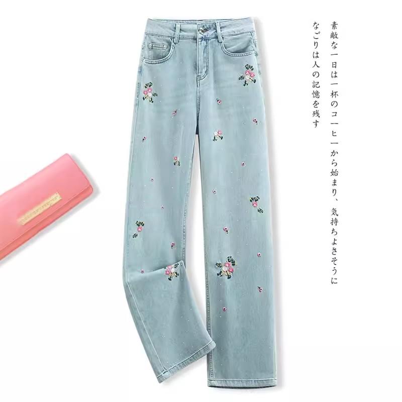 レディース ファッション カジュアル おしゃれ トレンド デニム ワイドレッグ パンツ 春夏 中国 刺繍 ナロー ストレート パンツ トレンド