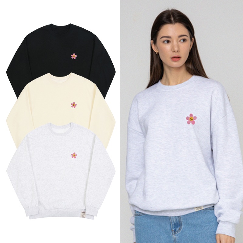 [UNISEX]Pink flower dot embroidery sweatshirt_3color