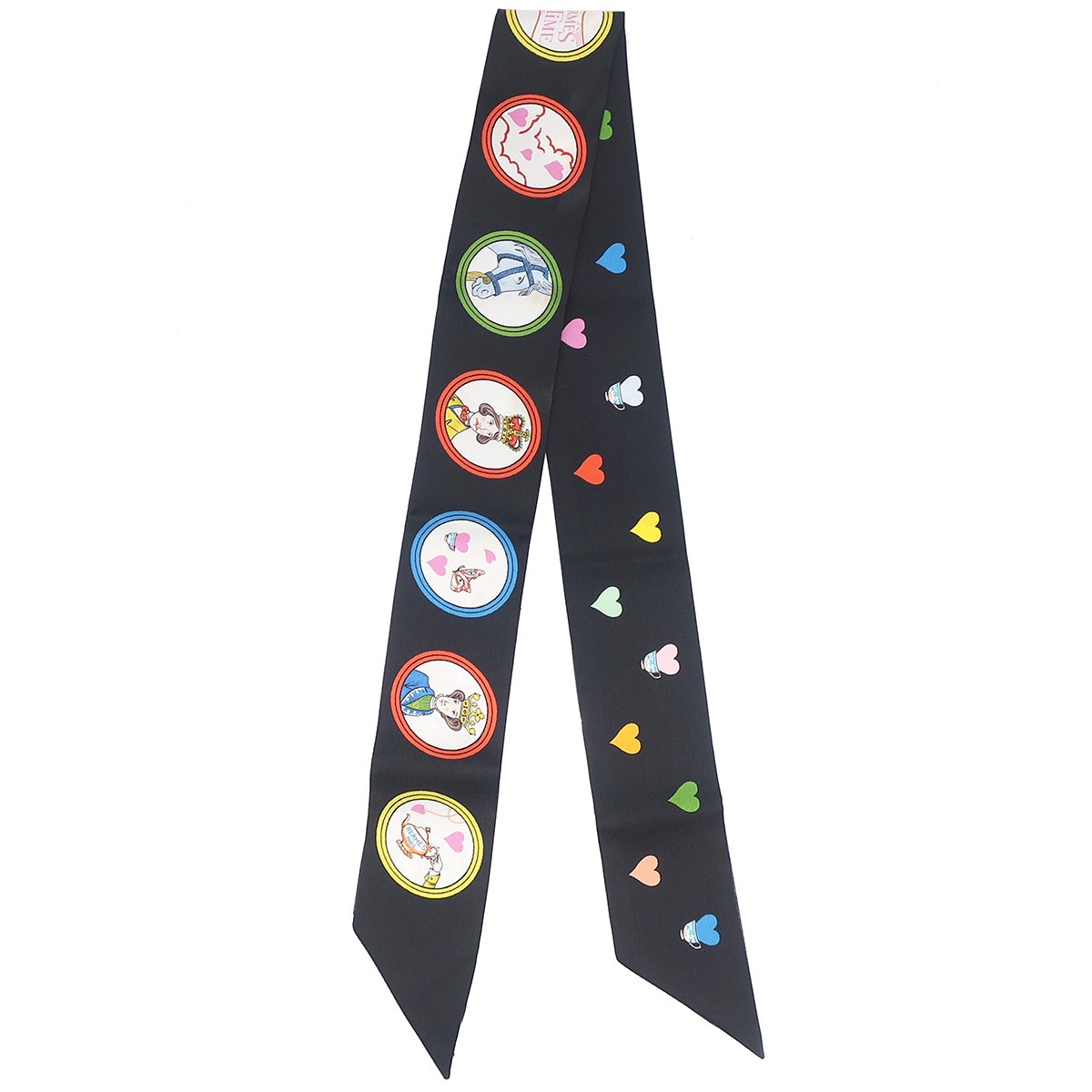 エルメス HERMES スカーフ ツイリー シルク ブラック×ルージュ×マルチカラー 【TEA TIME/ティータイム】 【箱】【中古】