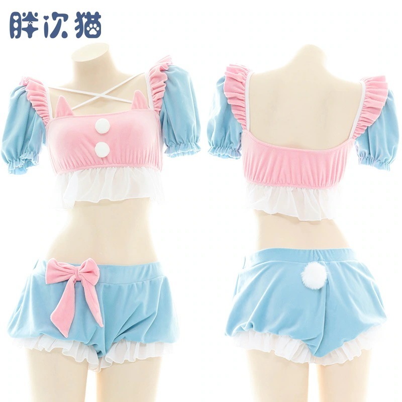 ピンクとブルーのぬいぐるみ猫パジャマセットメイド服ナイトガウンかわいい服毛皮のホーム服期間限定30%