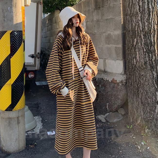 スウェットワンピース レディース ロングパーカー ボーダー柄 オーバーサイズ 長袖ワンピース フード付き Aライン 春秋 スウェット パーカー マキシ丈