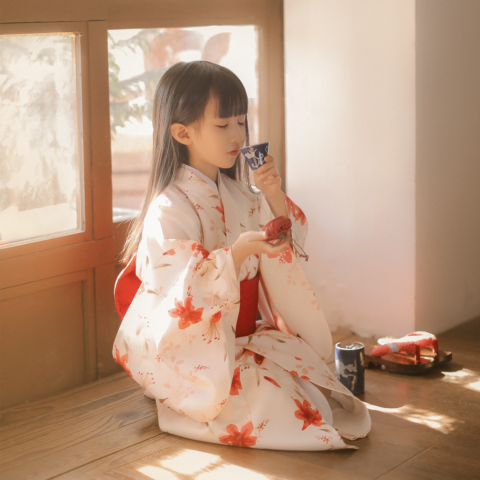 オレンジドット子供着物 浴衣 女の子ドレス 衣装 中国風 小百合 春