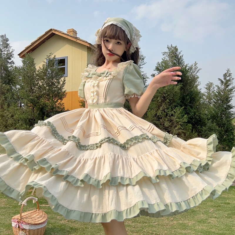 ロリータ元ロリータ洋装田園風op半袖ワンピース