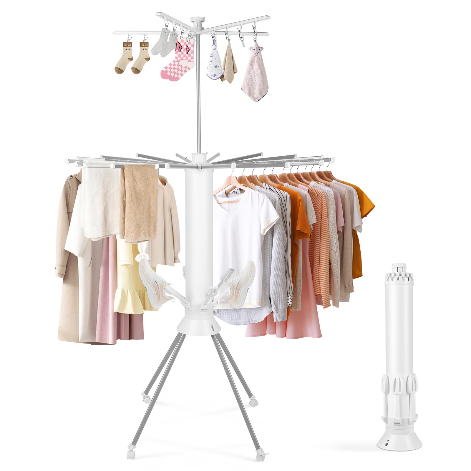 物干しスタンド 物干しラック 120~180cm高さ調節可 物干しハンガー 伸縮式洗濯物干し 16本物干し竿 靴ハンガー&ピンチハンガー付き3段式干し 傘型折りたたみ式 ステンレス製 四本足 頑丈 組
