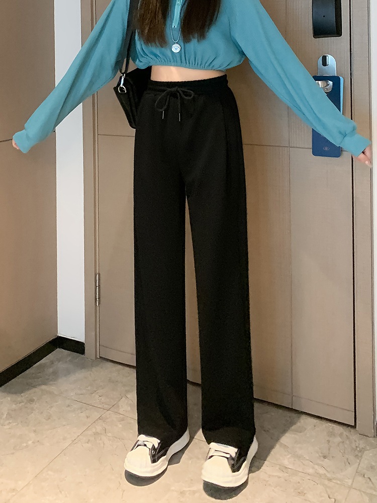 ワイドパンツ女性夏薄いセクション2023新しい黒小さなハイウエストのドレープレジャー春と秋のスポーツストレートパンツ