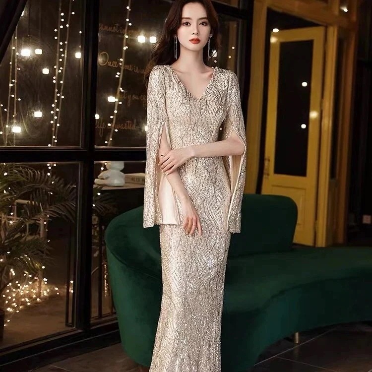 宴会気質の女性用スパンコール付きイブニングドレススカートテールコーラスパフォーマンス衣装ホストドレス