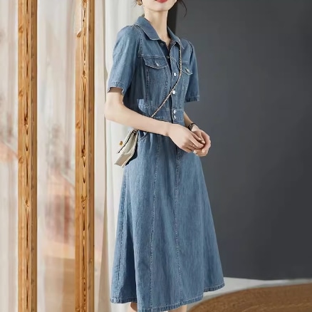 ワンピース プルオーバー デニムワンピース ミモレ 袖あり 半袖 Vネック 襟なし レギュラーカラー Aライン ウエストマーク ポケット ハイウエスト デニム かわいい 大人可愛い カジュアル 大人