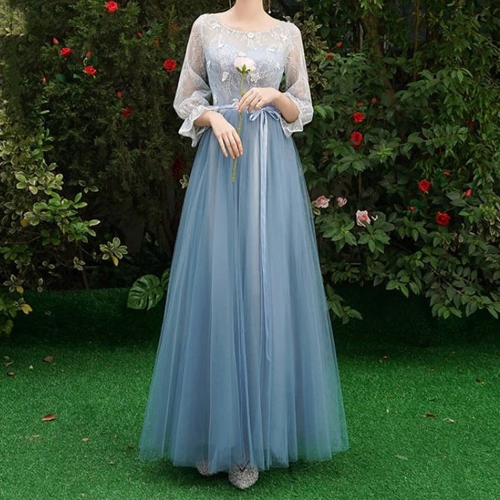 大人気 演奏会結婚式ドレス袖丈選べるロング丈切り替え配色ラウンドネックリボンメッシュドレス