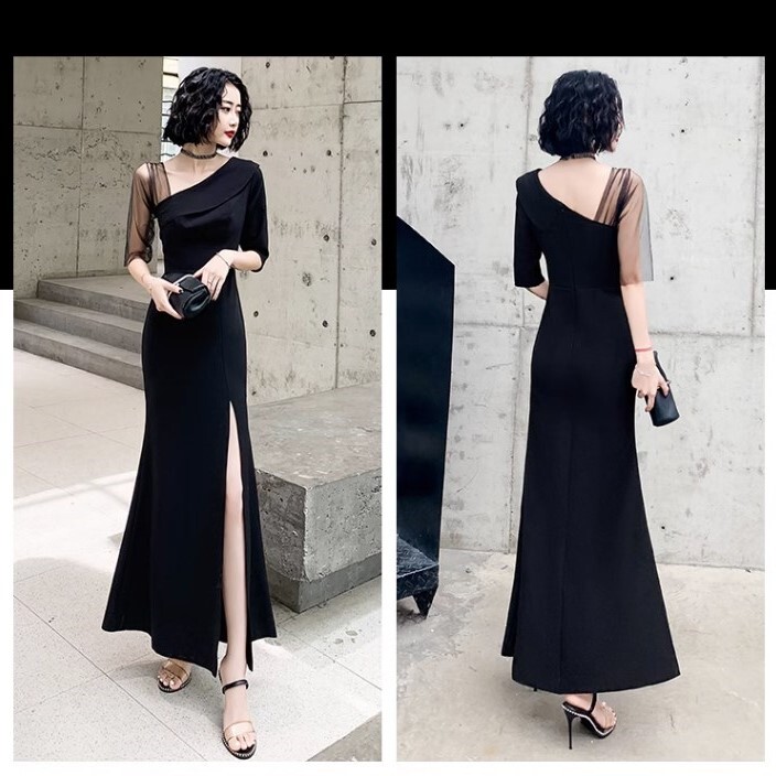 ドレス パーティードレス イブニングドレス ロング丈 袖あり 5分袖 ワンショルダー マーメイドライン シフォン ウエストマーク スリット きれいめ 大人 上品 おしゃれ お洒落 かっこいい レトロ