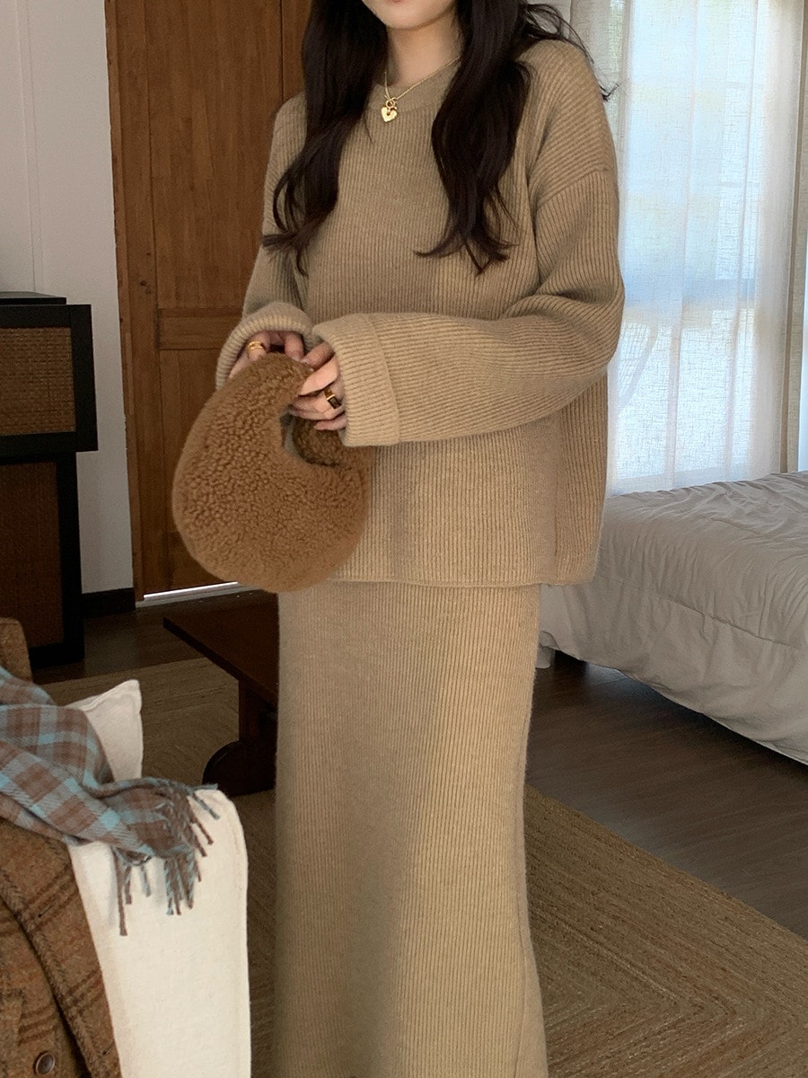 【急速出荷】 ニット ロングスカート レディース 秋冬 セットアップ 長袖 パフスリーブ ブラック きれいめ 厚手 ゆったり 大きいサイズ マタニティ