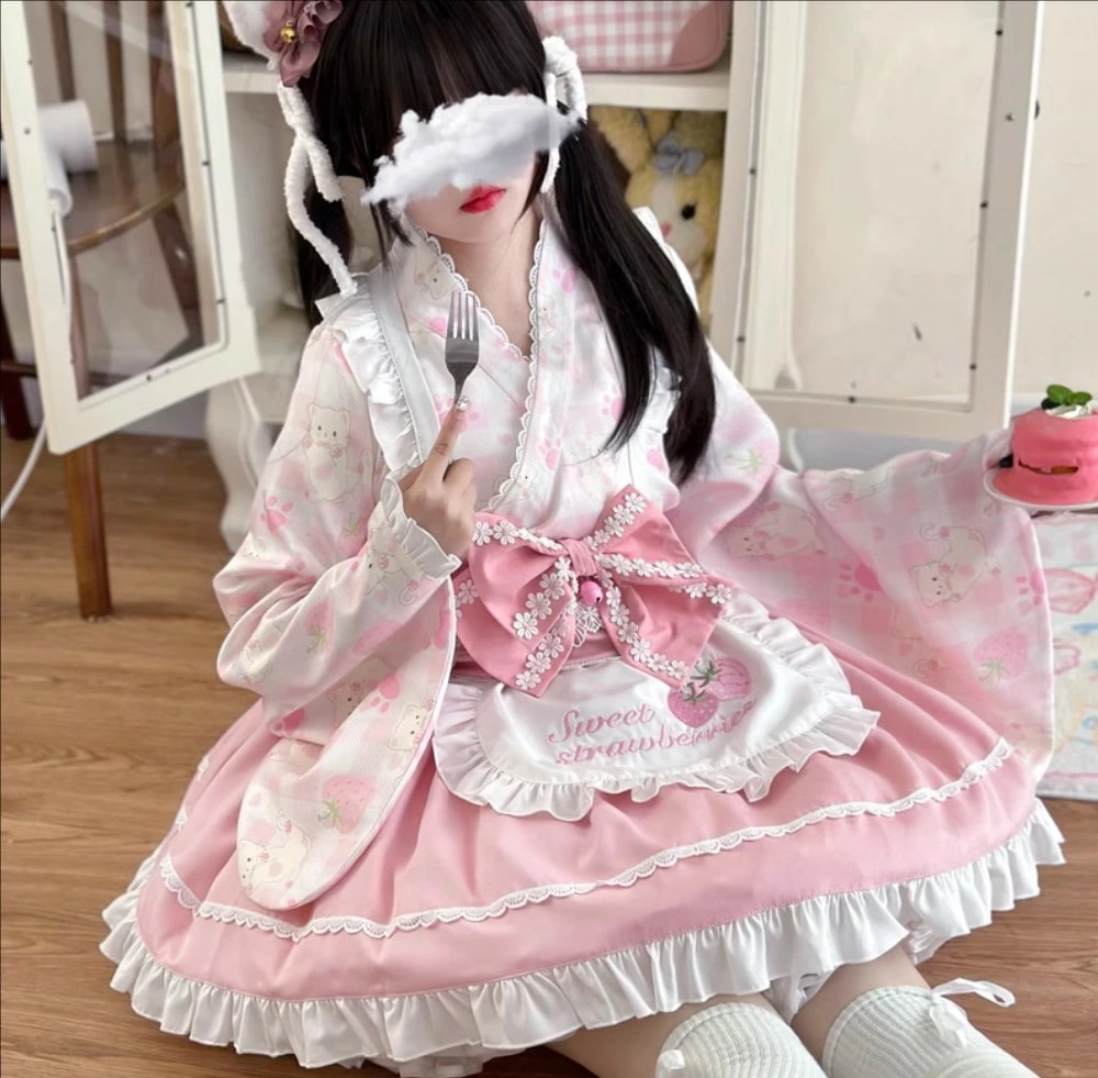 可愛いロリータ服 甘ロリ 上下セット 猫柄 チェック柄 ロリータワンピース 甘いロリータ お姫様 動物柄 フリル リボン コスチューム ゴスロリ コスプレ衣装 文化祭 学園祭 イベント ピンク ブルー