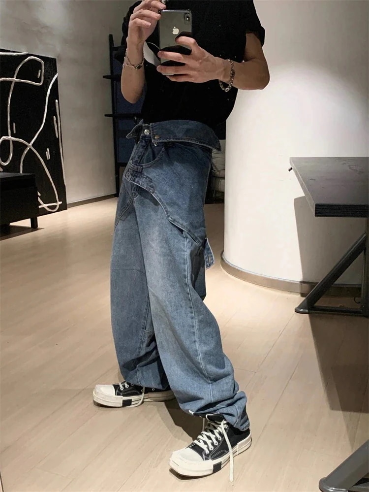 アメリカン デザインセンス ジーンズ フェイク2ピース トレンド 2024夏 カップル服 チノパンツ スラックス ロングパンツ ストレート ハイストリートパンツデニムジーンズ