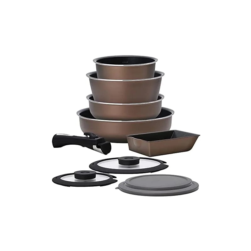 【即納】アイリスオーヤマ フライパン 鍋 セット 10点 ガス火専用 深型 ダイヤモンドコート 目盛付き オーブン調理 着脱式ハンドル エッグパン 蓋 PDCG-S10S チェスナットブラウン こびり